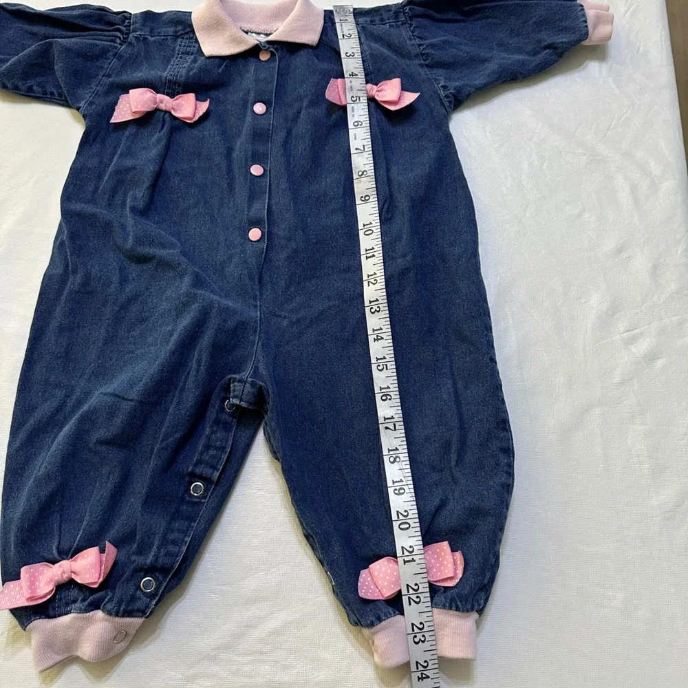 Buster Brown Denim Romper Baby Girl 18M Bows Vintage 90s Coquette Americana